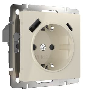 Розетка встраиваемая Werkel с заземлением, шторками и USB тип A+C Слоновая кость W1171703