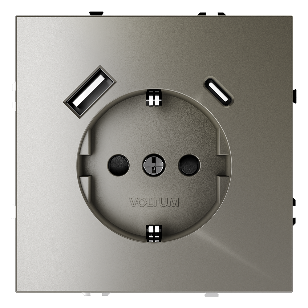 Розетка встраиваемая Voltum S70 с заземлением, шторками и USB A+C Шелк VLS040504