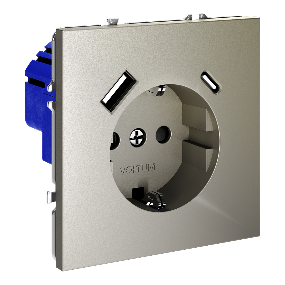 Розетка встраиваемая Voltum S70 с заземлением, шторками и USB A+C Шелк VLS040504 — изображение 2